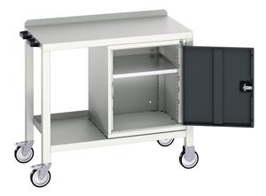 verso mobile welded bench with cupboard & steel top. WxDxH: 1000x600x910mm. RAL 7035/5010 or selected Verso Mobile Work Benches for assembly and production